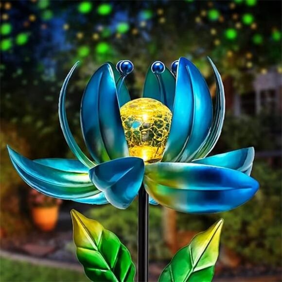 Solar Garden Lights Metal Flower Decor, Colorful Spinning Windmill Lotus Pathway - Picture 7 of 7